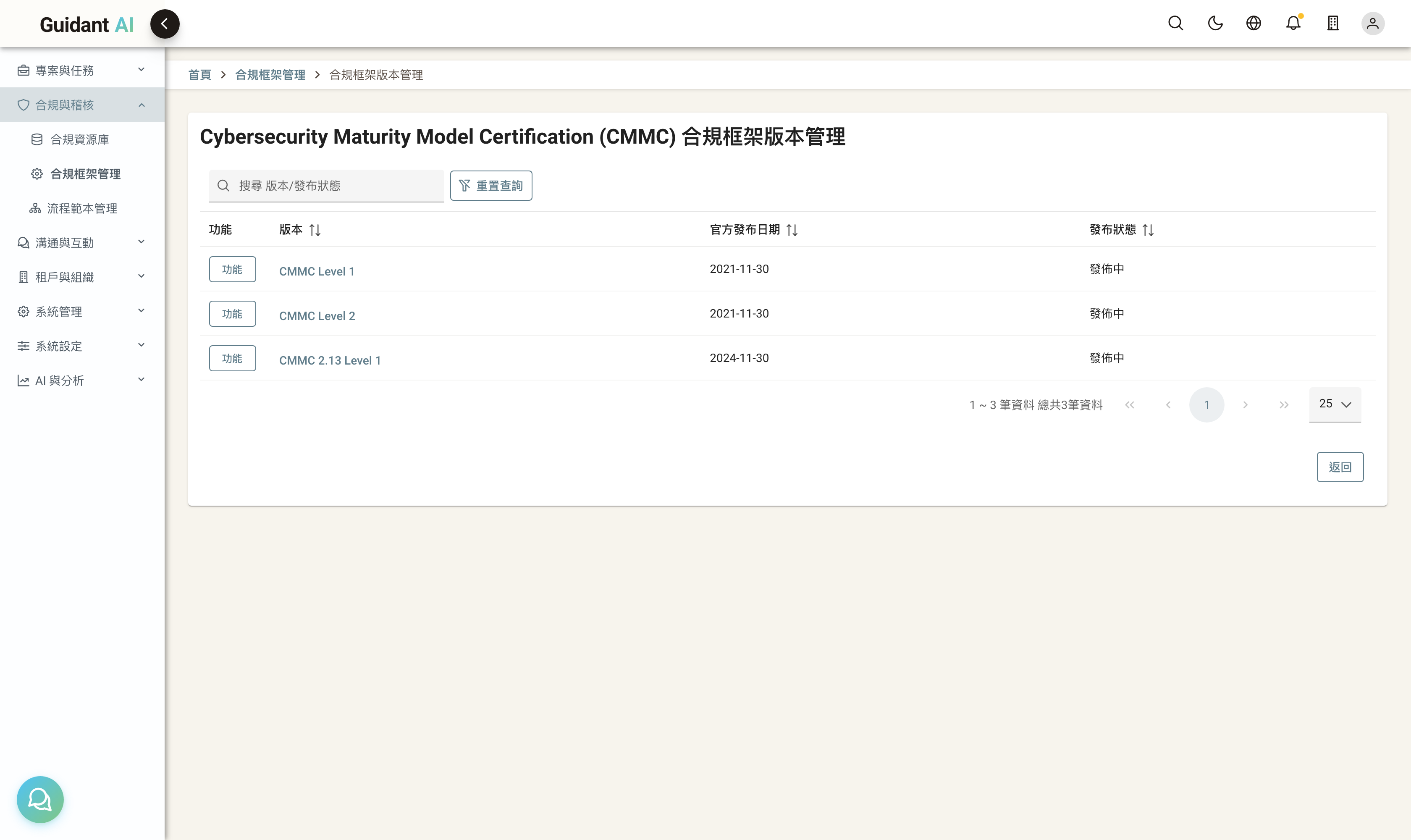 版本清單：CMMC Level 1 / Level 2 / 2.13 Level 1 三版本